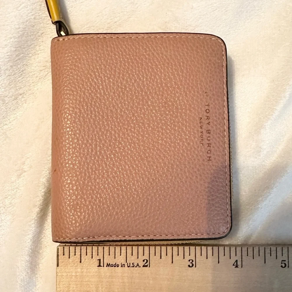 Tory Burch Perry Color Block Bifold Pebbled Leather Wallet pink yellow brown red